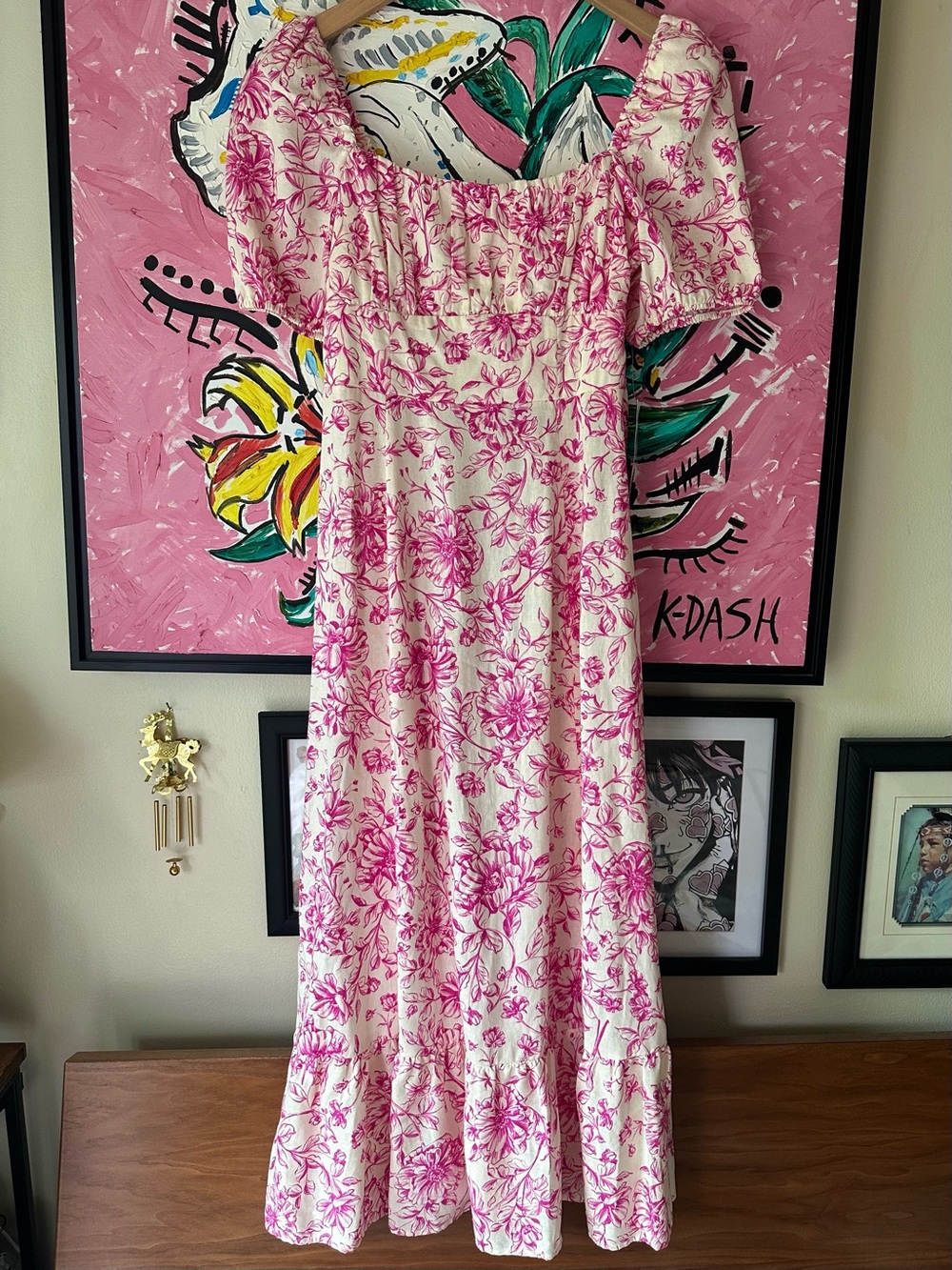 adorable hot magenta & white floral linen/rayon midi dress / size 6